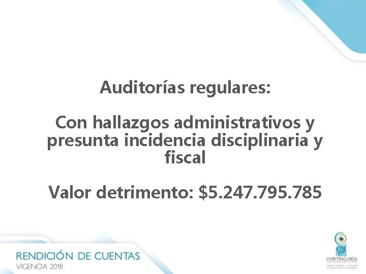 Auditorías regulares: Con hallazgos administrativos y presunta incidencia disciplinaria y fiscal Valor detrimento: $5. Auditorías regulares: Con hallazgos administrativos y presunta incidencia disciplinaria y fiscal Valor detrimento: $5.
