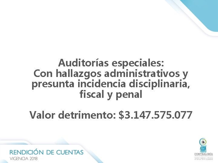 Auditorías especiales: Con hallazgos administrativos y presunta incidencia disciplinaria, fiscal y penal Valor detrimento: Auditorías especiales: Con hallazgos administrativos y presunta incidencia disciplinaria, fiscal y penal Valor detrimento: