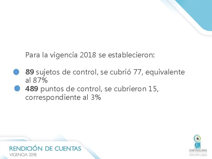 Para la vigencia 2018 se establecieron: 89 sujetos de control, se cubrió 77, equivalente Para la vigencia 2018 se establecieron: 89 sujetos de control, se cubrió 77, equivalente
