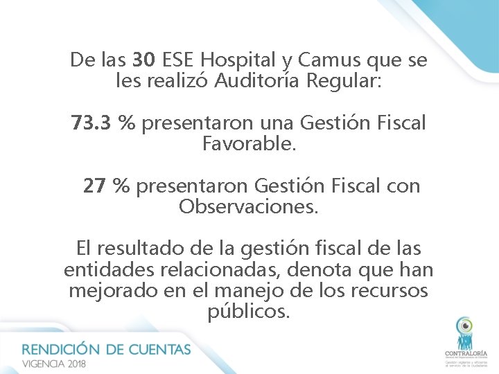 De las 30 ESE Hospital y Camus que se les realizó Auditoría Regular: 73. De las 30 ESE Hospital y Camus que se les realizó Auditoría Regular: 73.