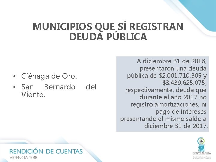 MUNICIPIOS QUE SÍ REGISTRAN DEUDA PÚBLICA • Ciénaga de Oro. • San Bernardo Viento. MUNICIPIOS QUE SÍ REGISTRAN DEUDA PÚBLICA • Ciénaga de Oro. • San Bernardo Viento.