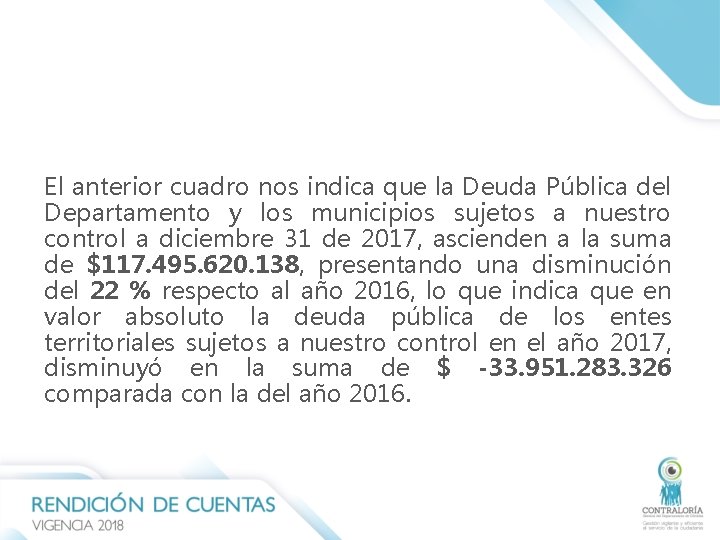 El anterior cuadro nos indica que la Deuda Pública del Departamento y los municipios El anterior cuadro nos indica que la Deuda Pública del Departamento y los municipios