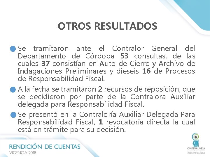 OTROS RESULTADOS Se tramitaron ante el Contralor General del Departamento de Córdoba 53 consultas, OTROS RESULTADOS Se tramitaron ante el Contralor General del Departamento de Córdoba 53 consultas,