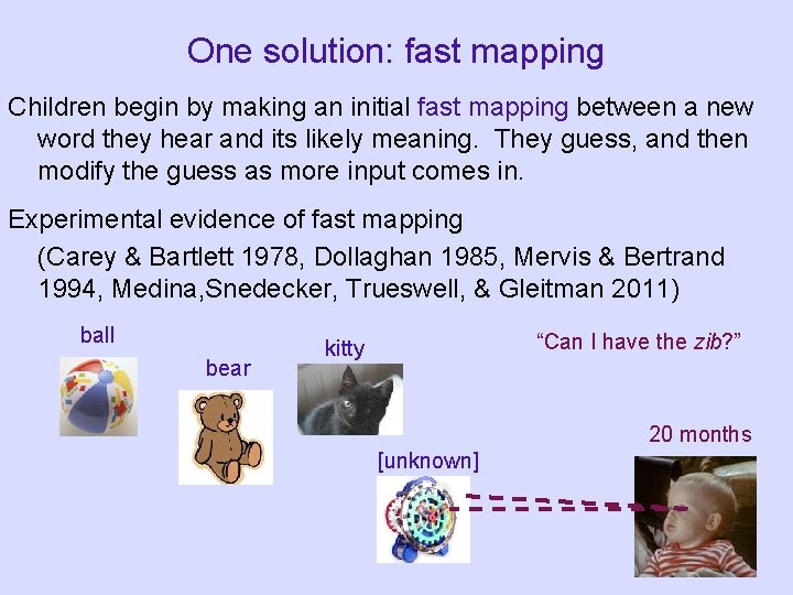 One solution: fast mapping Children begin by making an initial fast mapping between a One solution: fast mapping Children begin by making an initial fast mapping between a