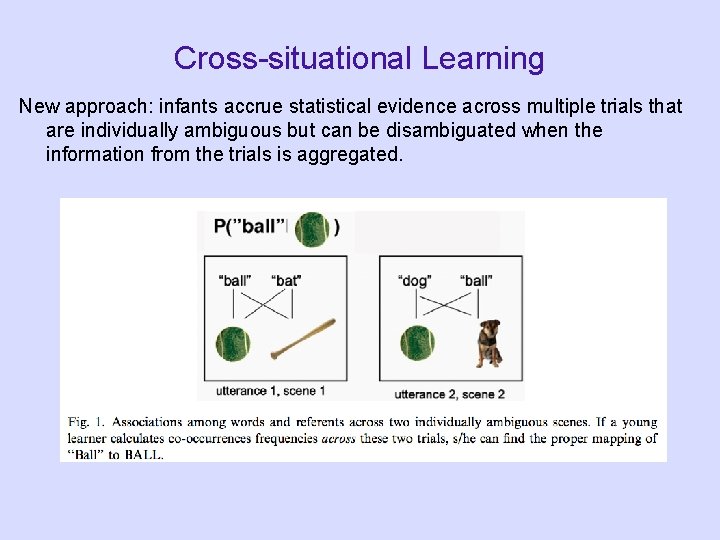 Cross-situational Learning New approach: infants accrue statistical evidence across multiple trials that are individually Cross-situational Learning New approach: infants accrue statistical evidence across multiple trials that are individually