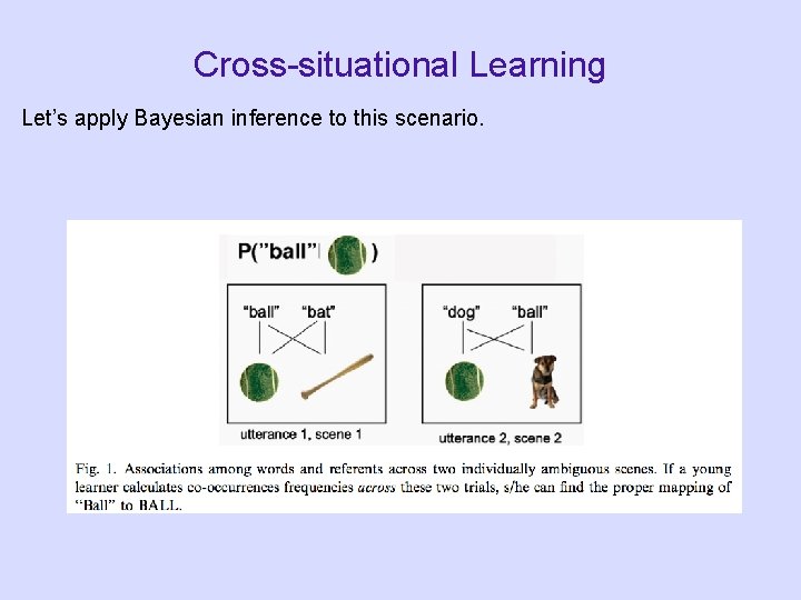 Cross-situational Learning Let’s apply Bayesian inference to this scenario. Cross-situational Learning Let’s apply Bayesian inference to this scenario.