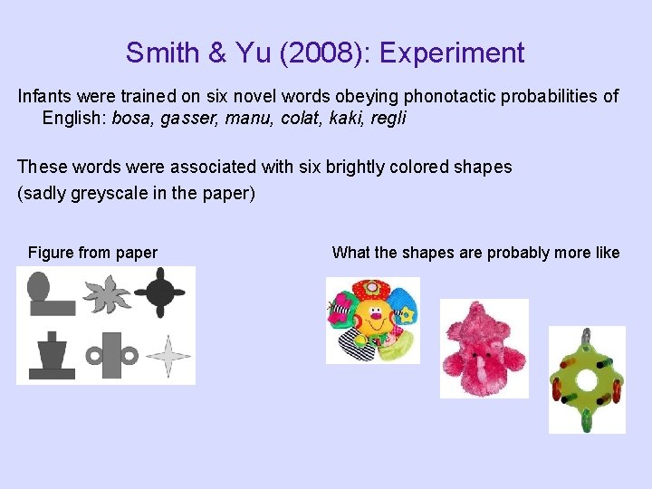 Smith & Yu (2008): Experiment Infants were trained on six novel words obeying phonotactic Smith & Yu (2008): Experiment Infants were trained on six novel words obeying phonotactic