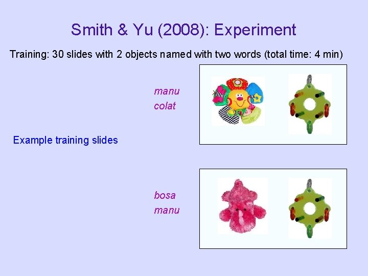 Smith & Yu (2008): Experiment Training: 30 slides with 2 objects named with two Smith & Yu (2008): Experiment Training: 30 slides with 2 objects named with two