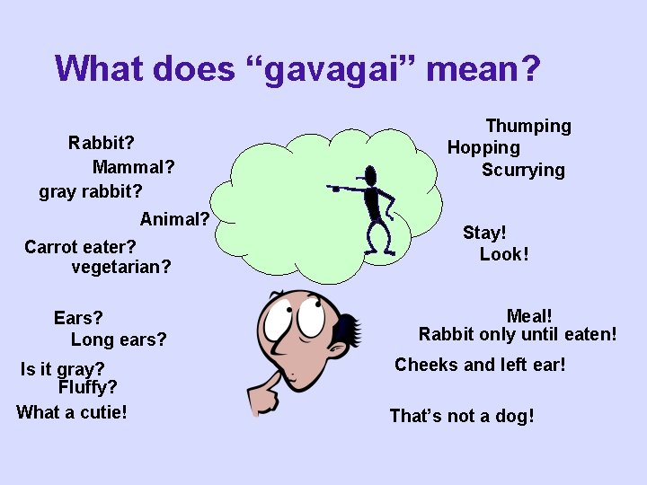 What does “gavagai” mean? Rabbit? Mammal? gray rabbit? Animal? Carrot eater? vegetarian? Ears? Long What does “gavagai” mean? Rabbit? Mammal? gray rabbit? Animal? Carrot eater? vegetarian? Ears? Long