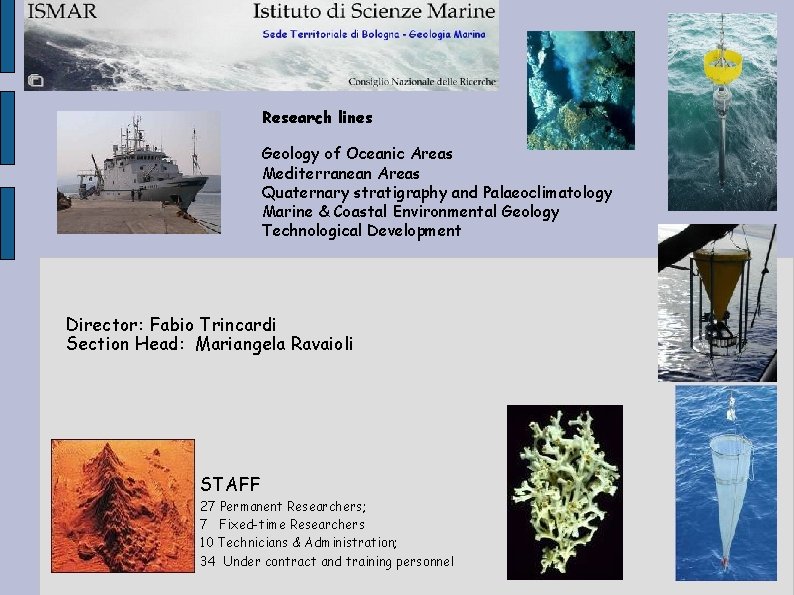 Research lines Geology of Oceanic Areas Mediterranean Areas Quaternary stratigraphy and Palaeoclimatology Marine &