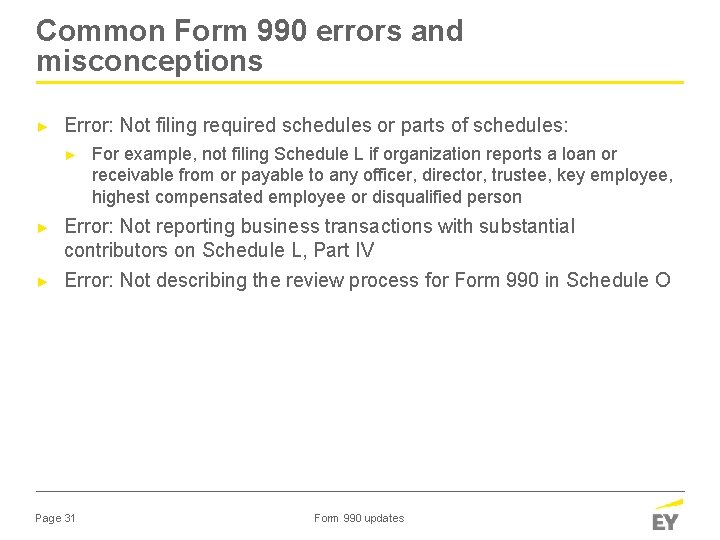 Common Form 990 errors and misconceptions ► Error: Not filing required schedules or parts