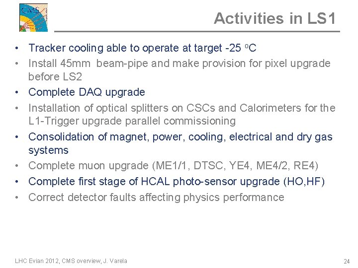 Activities in LS 1 • Tracker cooling able to operate at target -25 o.