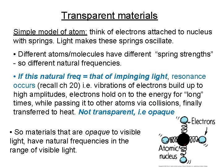 Transparent materials Simple model of atom: think of electrons attached to nucleus with springs.