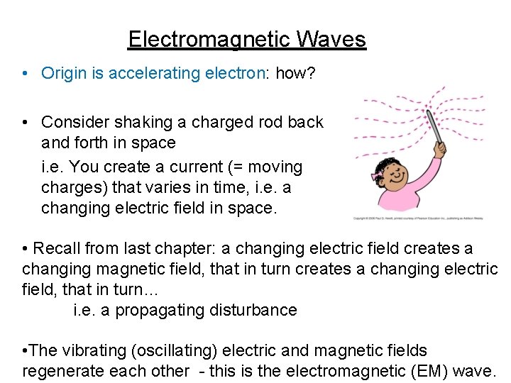Electromagnetic Waves • Origin is accelerating electron: how? • Consider shaking a charged rod