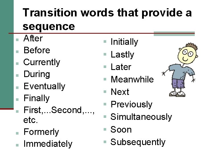 Transition words that provide a sequence n n n n n After Before Currently