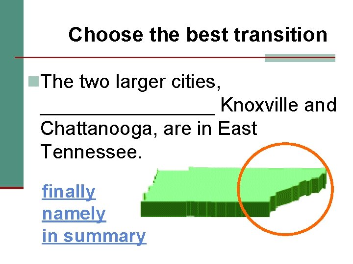 Choose the best transition n. The two larger cities, ________ Knoxville and Chattanooga, are