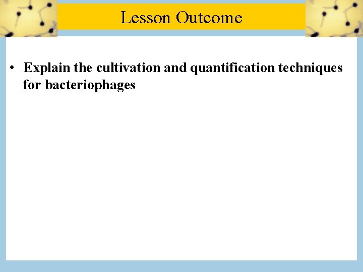 Lesson Outcome • Explain the cultivation and quantification techniques for bacteriophages 