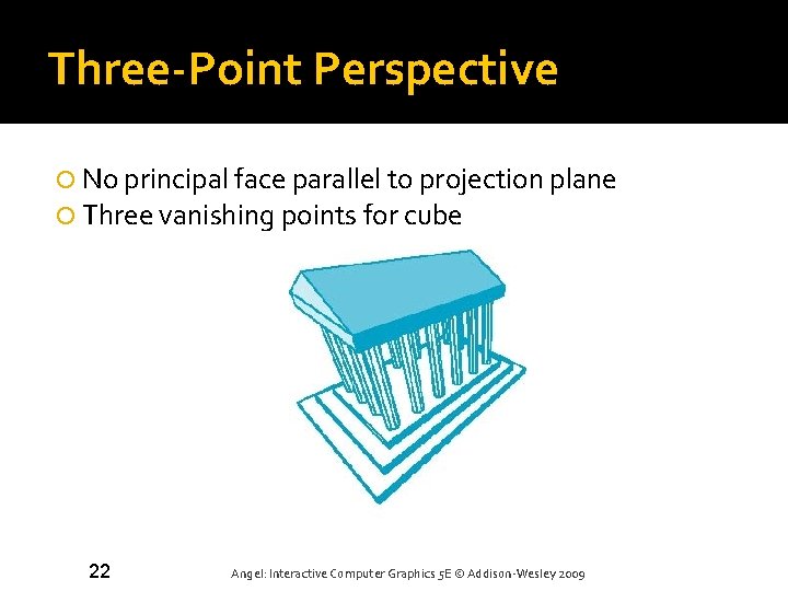 Three-Point Perspective No principal face parallel to projection plane Three vanishing points for cube