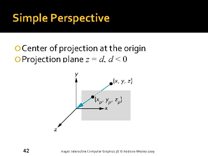 Simple Perspective Center of projection at the origin Projection plane z = d, d