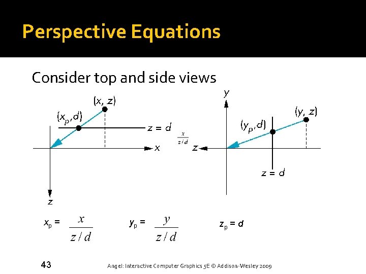 Perspective Equations Consider top and side views xp = 43 yp = zp =