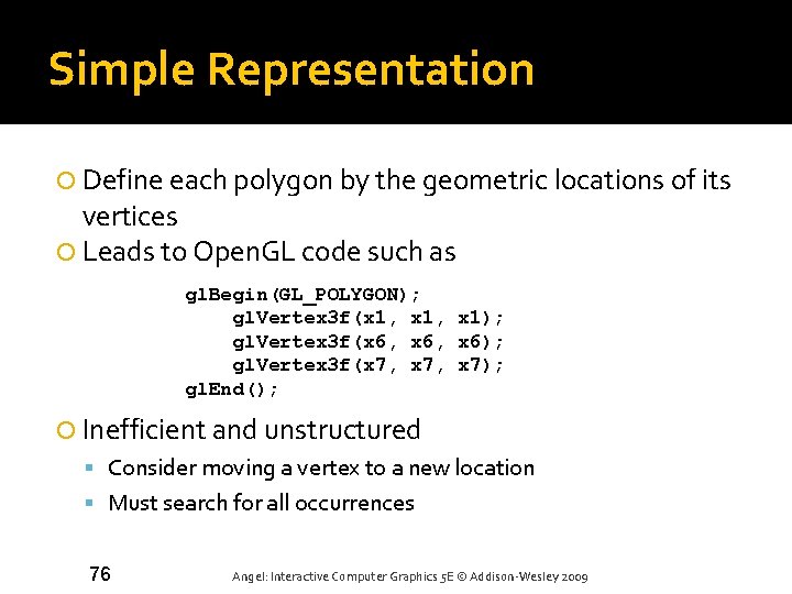 Simple Representation Define each polygon by the geometric locations of its vertices Leads to