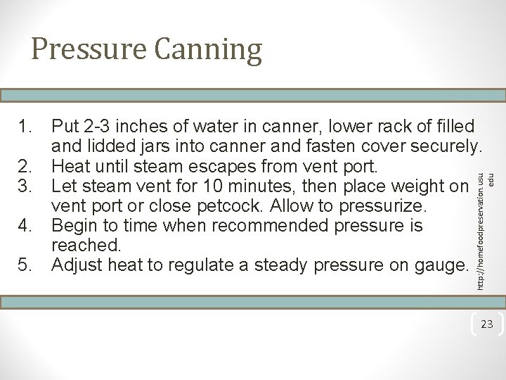 Pressure Canning http: //homefoodpreservation. usu. edu 1. Put 2 -3 inches of water in
