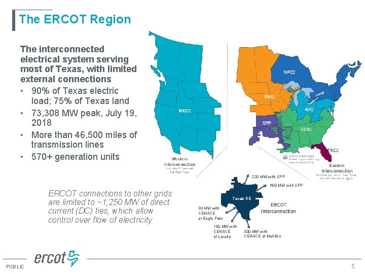 The ERCOT Region The interconnected electrical system serving most of Texas, with limited external