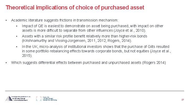 Theoretical implications of choice of purchased asset • • Academic literature suggests frictions in