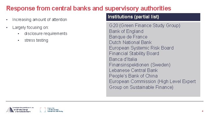 Response from central banks and supervisory authorities • Increasing amount of attention • Largely