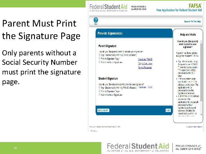 Parent Must Print the Signature Page Only parents without a Social Security Number must