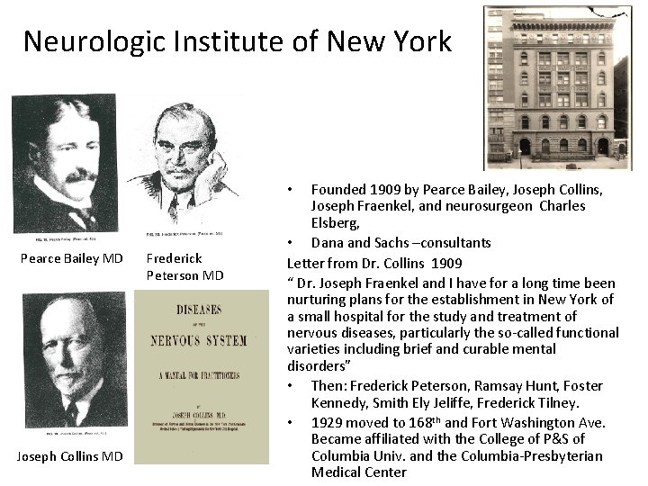 Neurologic Institute of New York Founded 1909 by Pearce Bailey, Joseph Collins, Joseph Fraenkel,