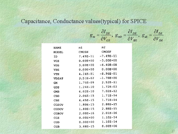 Capacitance, Conductance values(typical) for SPICE 27 