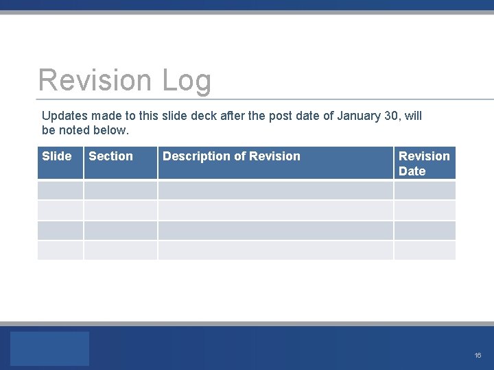 Revision Log Updates made to this slide deck after the post date of January