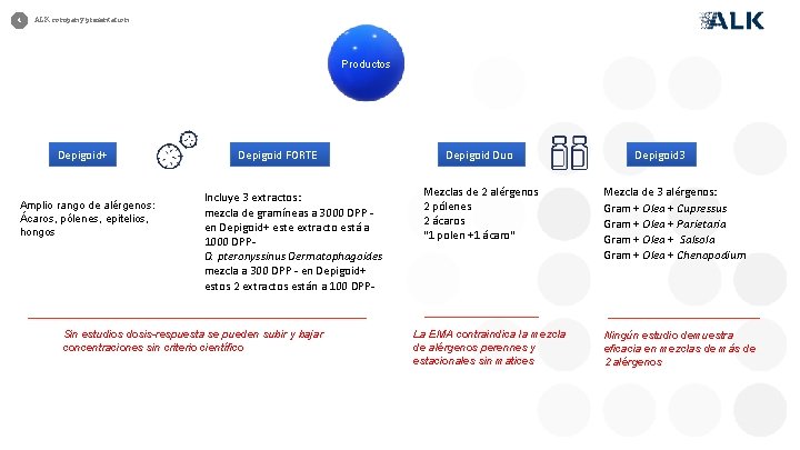 4 ALK company presentation Productos Depigoid+ Amplio rango de alérgenos: Ácaros, pólenes, epitelios, hongos