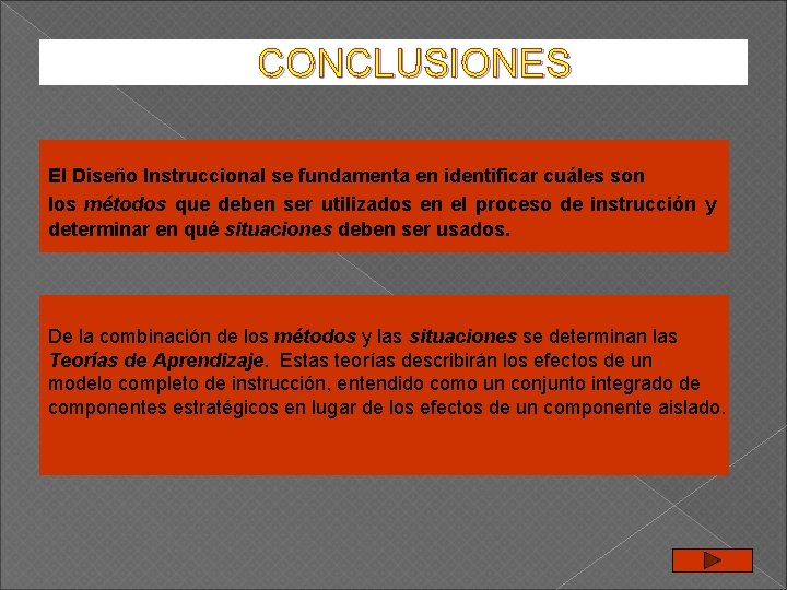 CONCLUSIONES El Diseño Instruccional se fundamenta en identificar cuáles son los métodos que deben