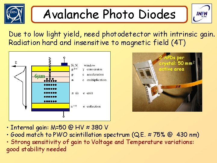 Avalanche Photo Diodes Due to low light yield, need photodetector with intrinsic gain. Radiation