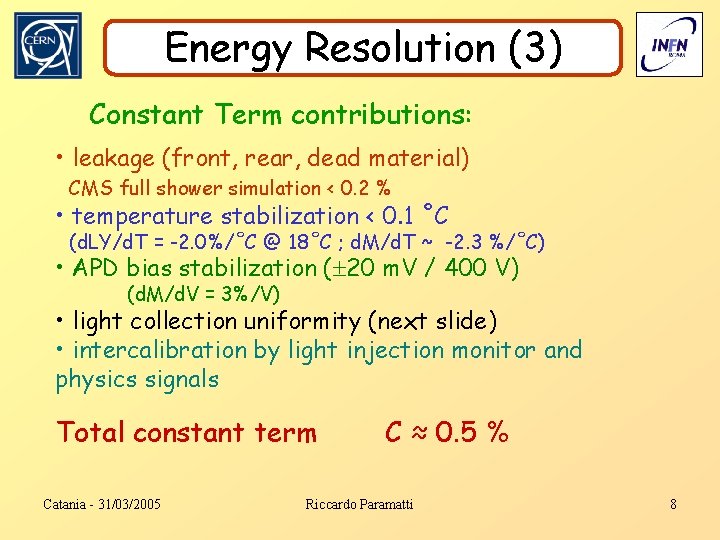 Energy Resolution (3) Constant Term contributions: • leakage (front, rear, dead material) CMS full