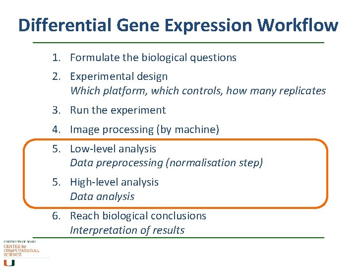 Differential Gene Expression Workflow 1. Formulate the biological questions 2. Experimental design Which platform,