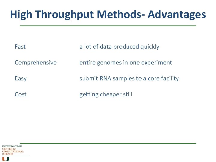 High Throughput Methods- Advantages Fast a lot of data produced quickly Comprehensive entire genomes