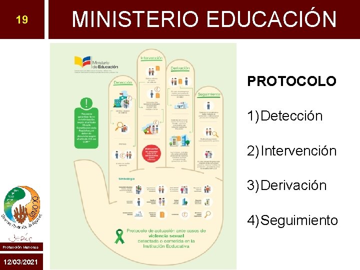 19 MINISTERIO EDUCACIÓN PROTOCOLO 1) Detección 2) Intervención 3) Derivación 4) Seguimiento Protección Menores