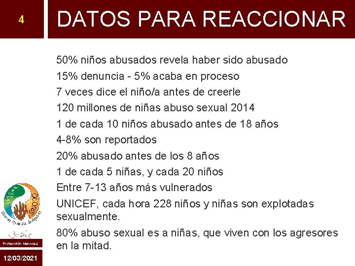 4 Protección Menores 12/03/2021 DATOS PARA REACCIONAR 50% niños abusados revela haber sido abusado