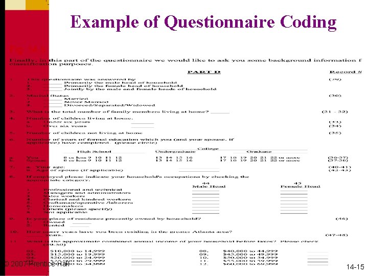 Example of Questionnaire Coding Fig. 14. 3 © 2007 Prentice Hall 14 -15 