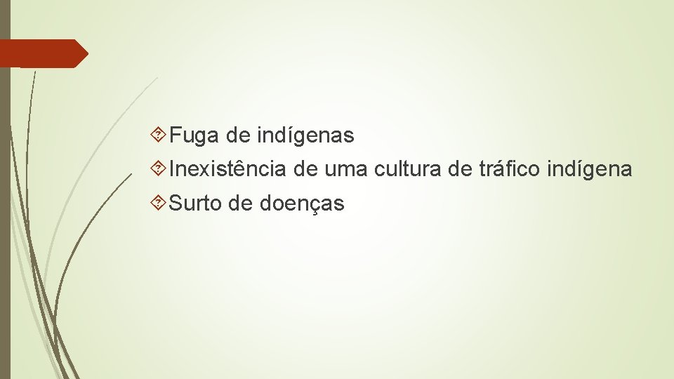  Fuga de indígenas Inexistência de uma cultura de tráfico indígena Surto de doenças