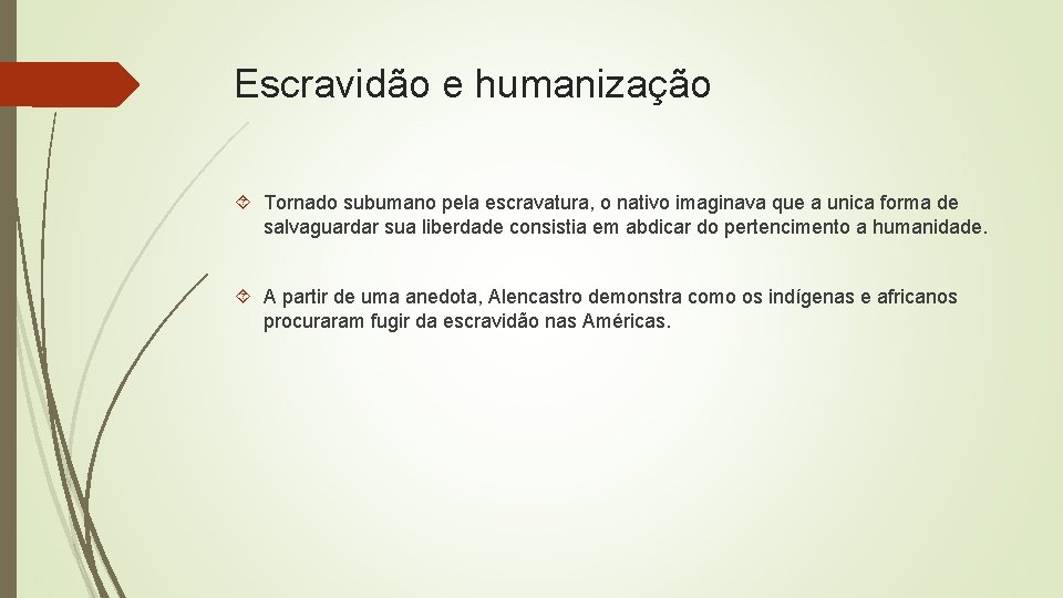 Escravidão e humanização Tornado subumano pela escravatura, o nativo imaginava que a unica forma