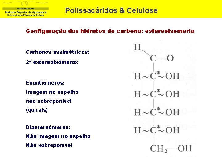 Polissacáridos & Celulose Configuração dos hidratos de carbono: estereoisomeria Carbonos assimétricos: 2 n estereoisómeros