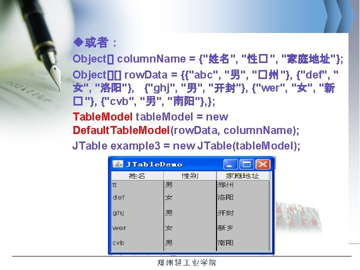 u或者： Object[] column. Name = {"姓名", "性� ", "家庭地址"}; Object[][] row. Data = {{"abc",