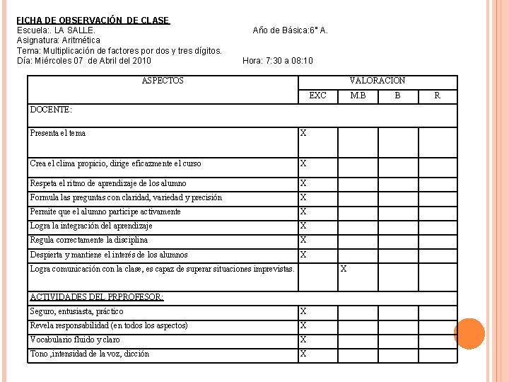 FICHA DE OBSERVACIÓN DE CLASE Escuela: . LA SALLE. Año de Básica: 6° A.