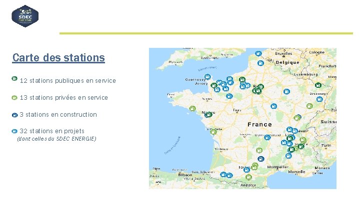 Carte des stations 12 stations publiques en service 13 stations privées en service 3