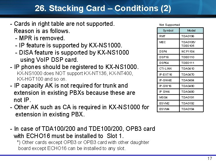 26. Stacking Card – Conditions (2) - Cards in right table are not supported.