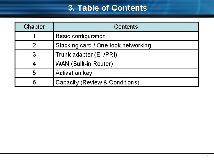 3. Table of Contents Chapter Contents 1 Basic configuration 2 Stacking card / One-look